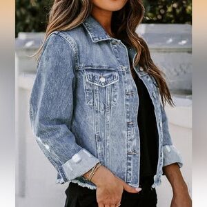 Classic Light Blue Distressed Denim Jacket Size Small
